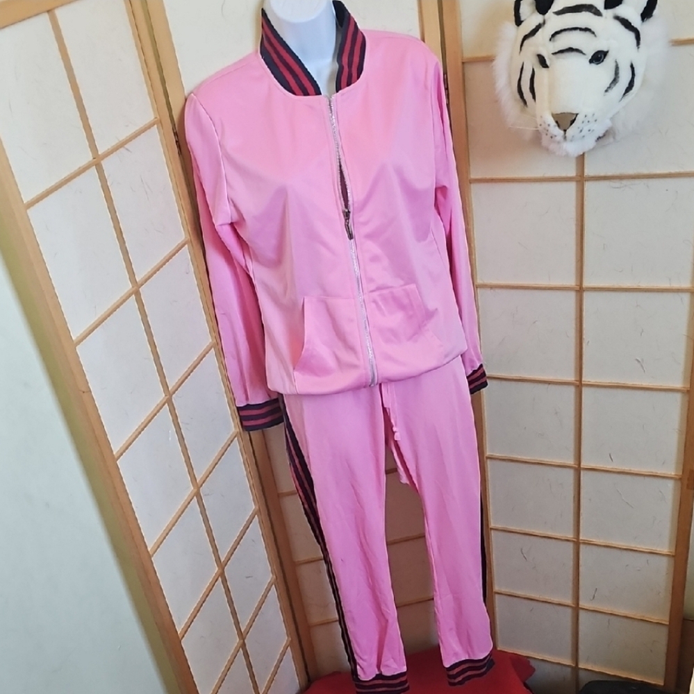 Women American Stitch Pink with Red/Blue Striped Trim Jogger Set Size Large